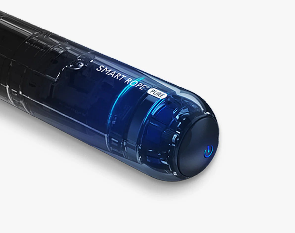 Transparent Design Made from transparent polycarbonate material, the sturdy handles of SmartRope PURE provide smooth grip. PURE's transparent handles display the electronic and mechanical components, and the LEDs glow in various colors to indicate different settings.