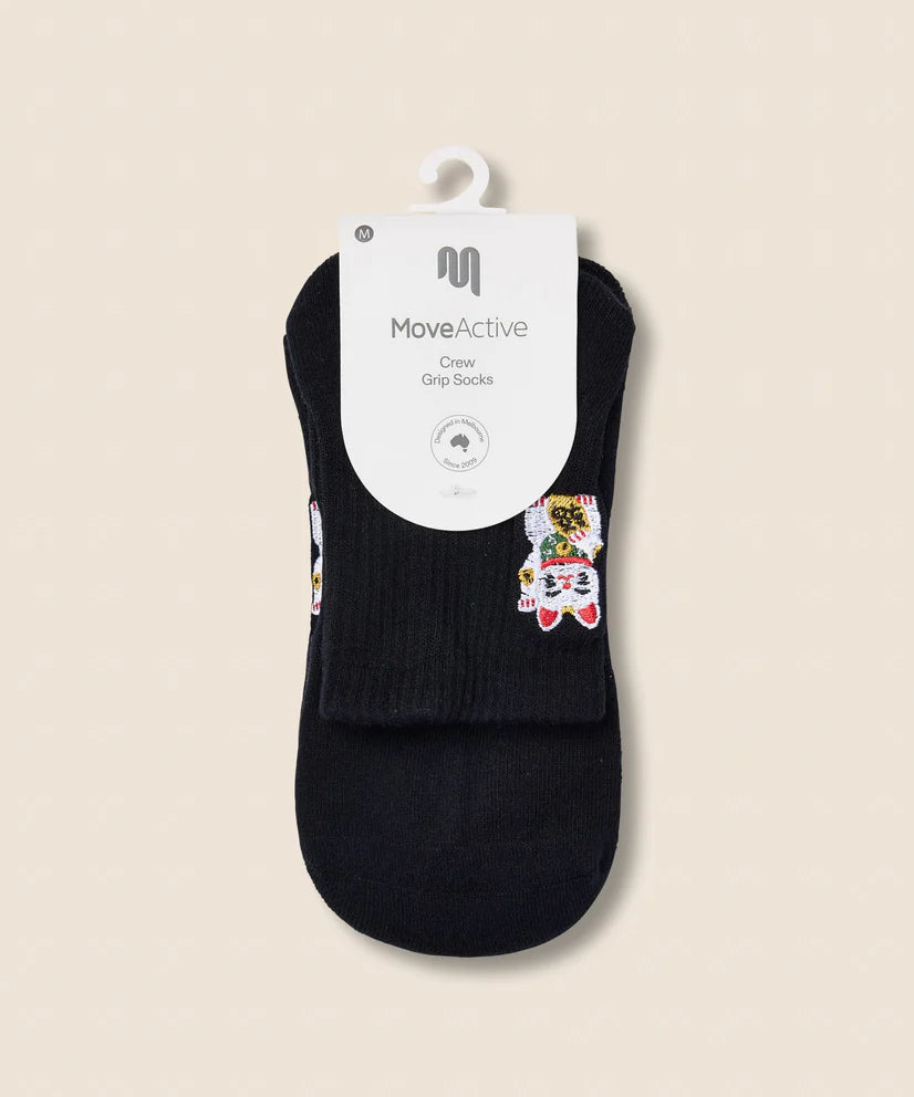 Crew Non Slip Grip Socks | Fortune Kitty Black