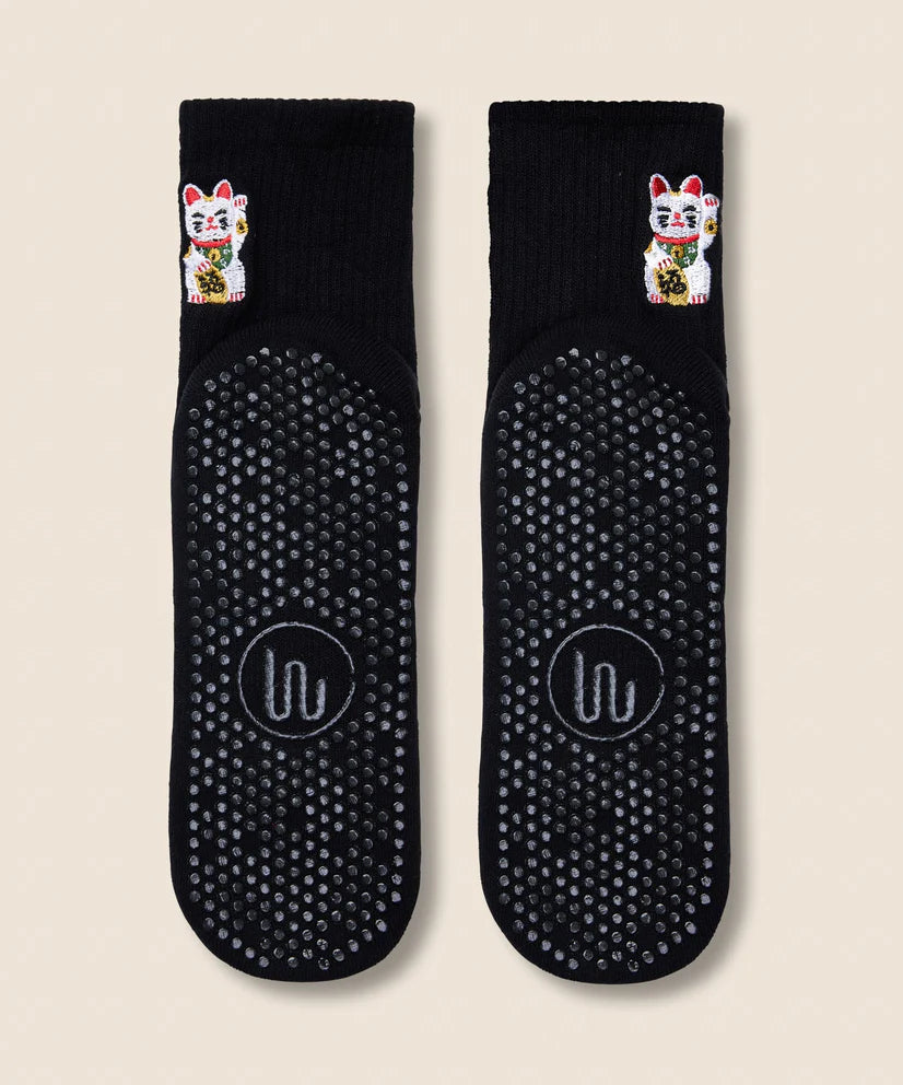 Crew Non Slip Grip Socks | Fortune Kitty Black