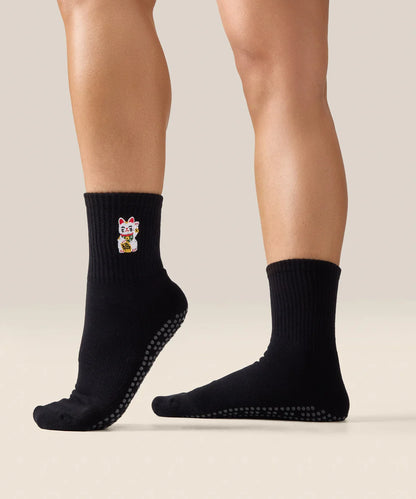 Crew Non Slip Grip Socks | Fortune Kitty Black