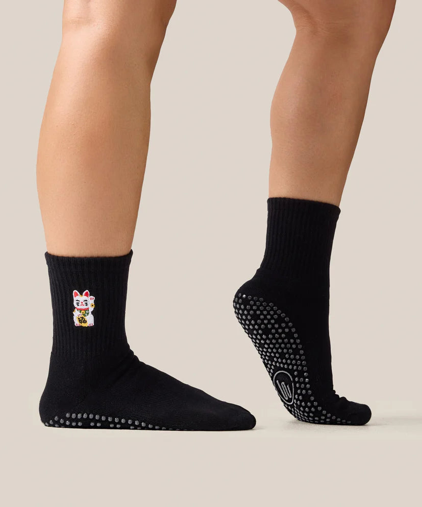 Crew Non Slip Grip Socks | Fortune Kitty Black