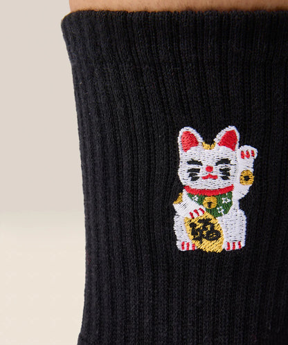 Crew Non Slip Grip Socks | Fortune Kitty Black