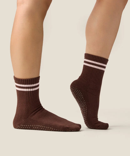 Crew Non Slip Grip Socks | Sporty Stripe Espresso