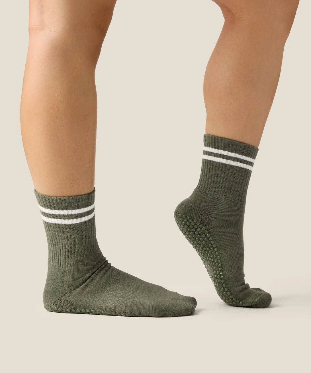 Crew Non Slip Grip Socks | Sporty Stripe Khaki