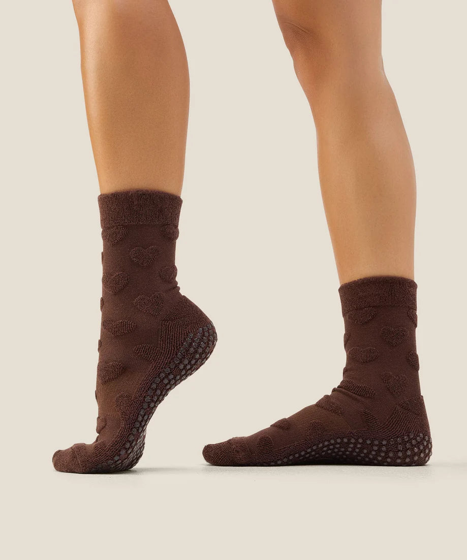 Crew Non Slip Grip Socks | Terry Heart Espresso