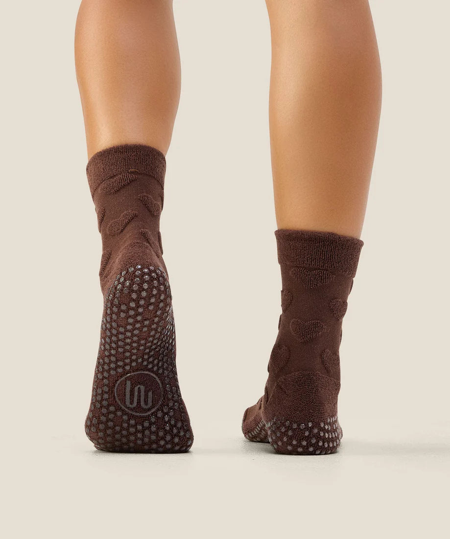 Crew Non Slip Grip Socks | Terry Heart Espresso