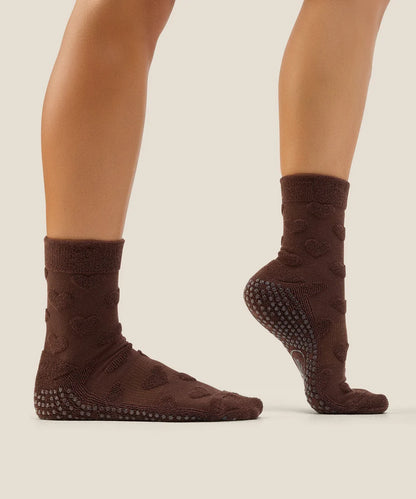 Crew Non Slip Grip Socks | Terry Heart Espresso