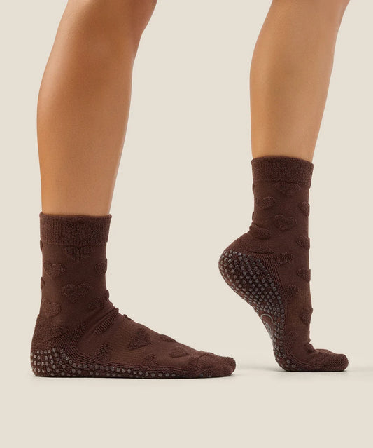 Crew Non Slip Grip Socks | Terry Heart Espresso