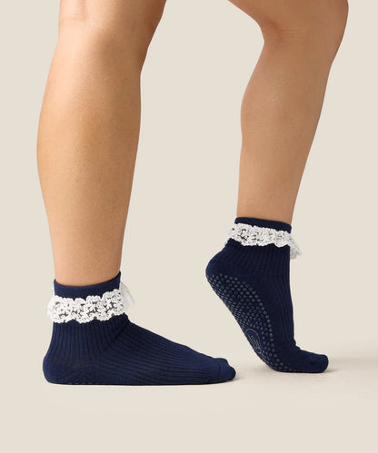 Quarter Crew Non Slip Grip Socks | Lovers Lace Navy
