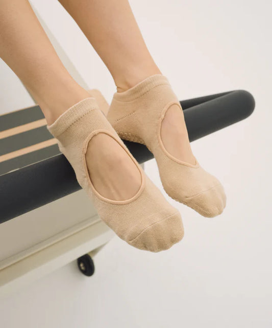 Slide On Non Slip Grip Socks | Almond